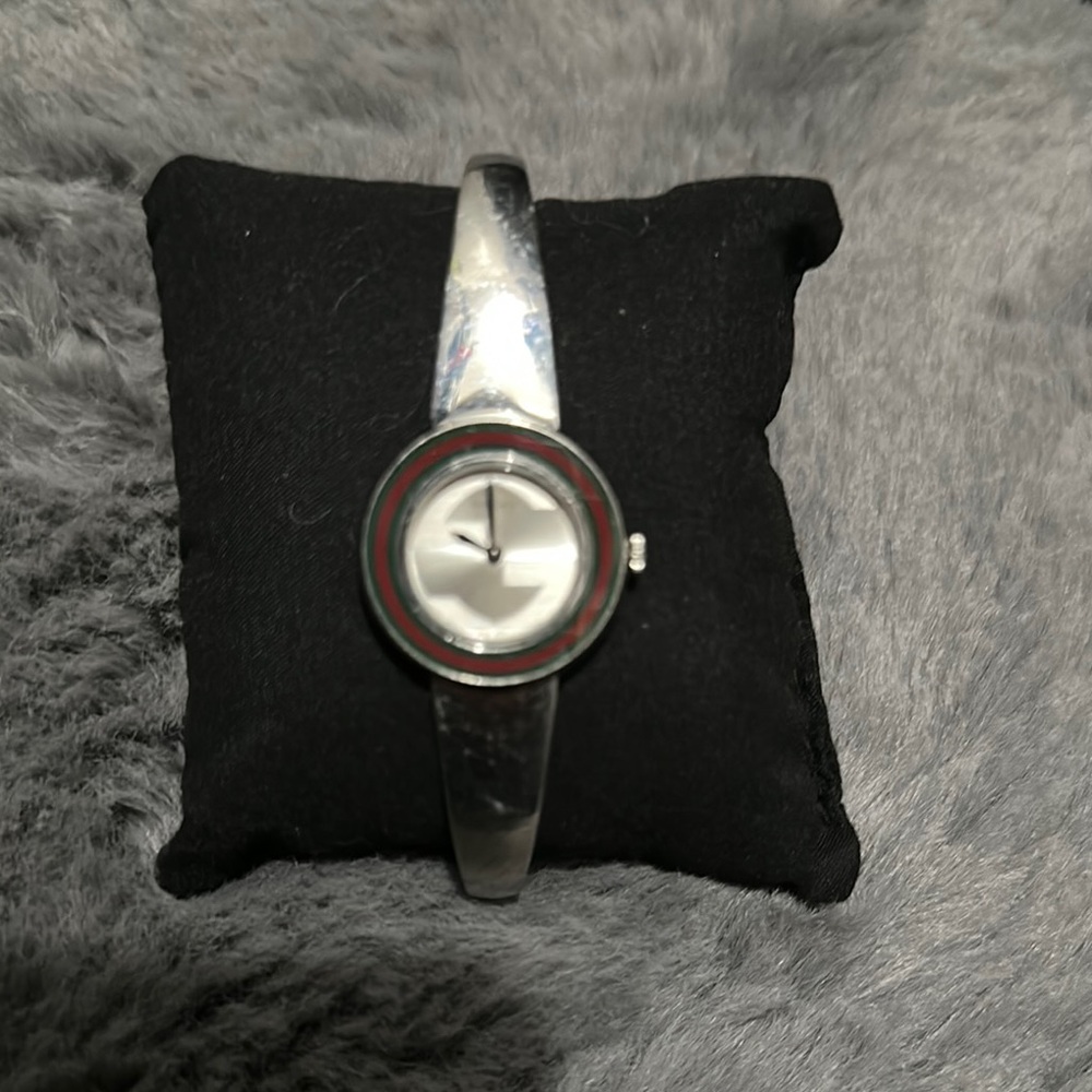 Gucci Silver Watch with Red Accent